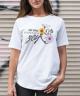 Футболка жіноча біла базова молодіжна вільна з красивим патріотичним малюнком та написом для дівчат Br BAR