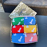 Прикольні чоловічі шкарпетки бокс на 6 пар укотажній коробці яскраві різнобарвні шкарпетки "Цюцюрки" 40-45 Br BAR, фото 2