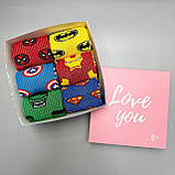 Креативний бокс шкарпеток чоловічих довгих весна-осінь з яскравими героями Марвел 40-45 6 пар у красивій Br BAR, фото 4