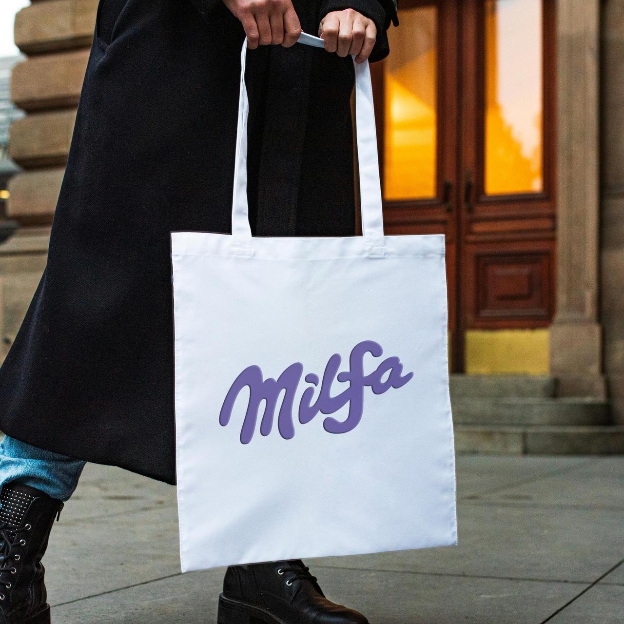 Подарункова сумка жіноча шоппер з написом "Milfa" біла з поліестеру водонепроникна тканинна і міцна Br BAR, фото 1