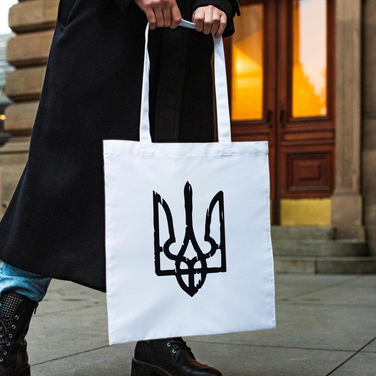 Патріотична жіноча сумка шоппер з принтом "Герб України" біла з поліестеру тканинна та міцна модна Br BAR, фото 1