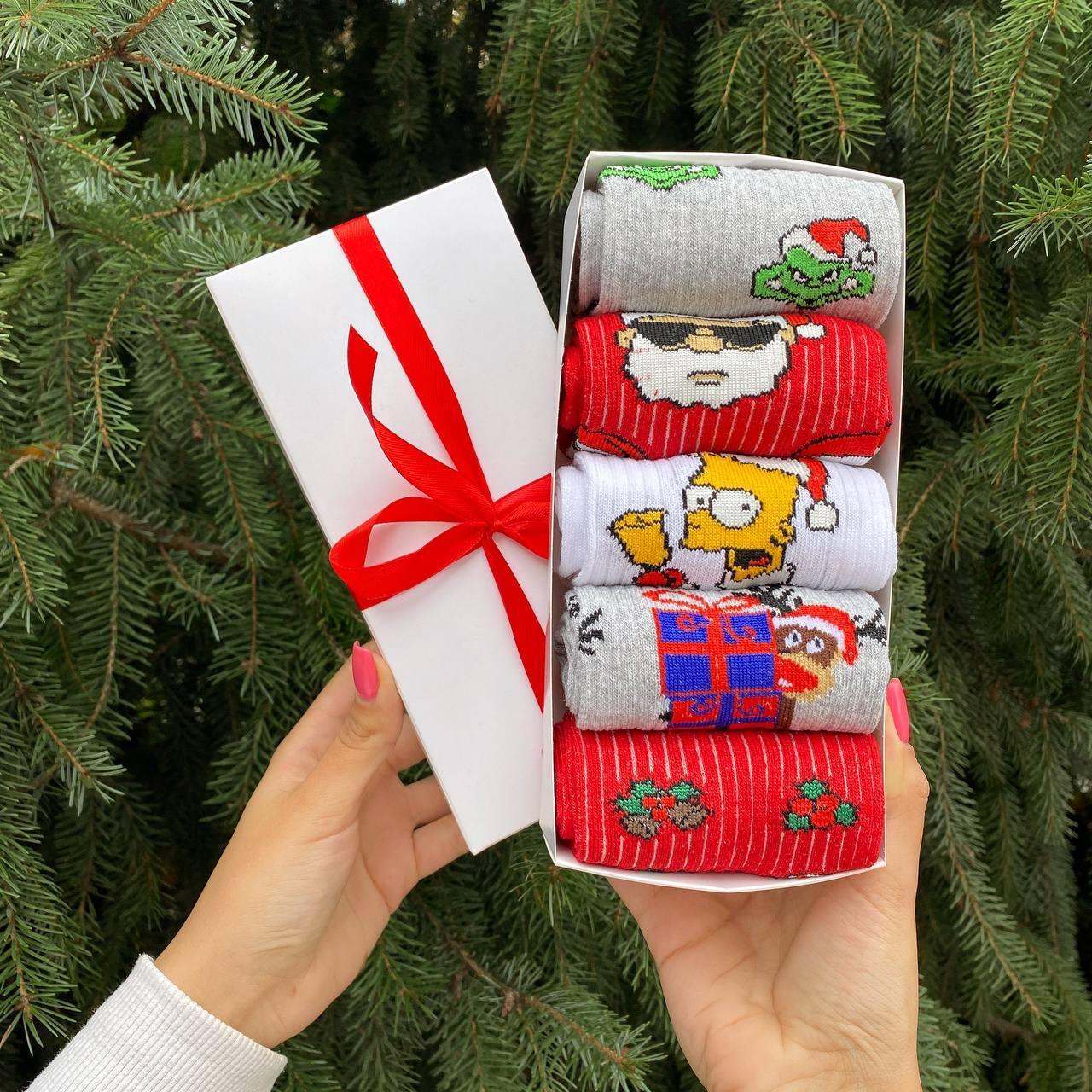 Подарунковий набір чоловічих Новорічних шкарпеток 40-45 на 5 пар у коробці Br BAR, фото 1