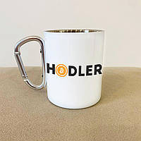 Кружка металева біла оригінальна 300 мл з карабіном і принтом криптовалюта для кави чаю на подарунок Br BAR