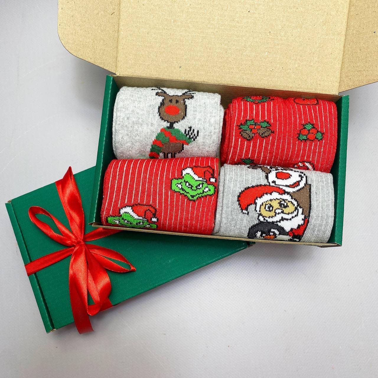 Подарунковий набір чоловічих Новорічних шкарпеток 40-45 на 4 пари в коробці ТОП якості Br BAR, фото 1