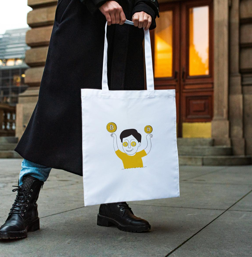 Шоппер білий практичний тканинний якісний з оригінальним принтом Bitcoin 38х42 см еко сумка з малюнком Br BAR, фото 1