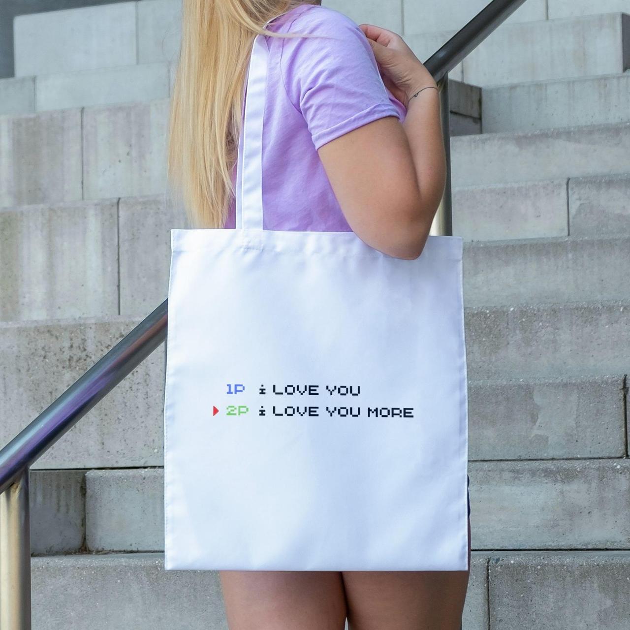 Білий шопер однотонний місткий з красивим оригінальним принтом i love you more 38х42 см для покупок Br BAR, фото 1