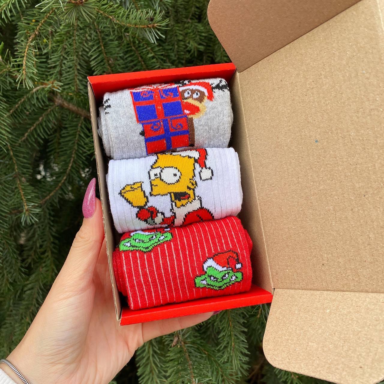 Подарунковий набір чоловічих Новорічних шкарпеток 40-45 на 4 пари в коробці Br BAR, фото 1