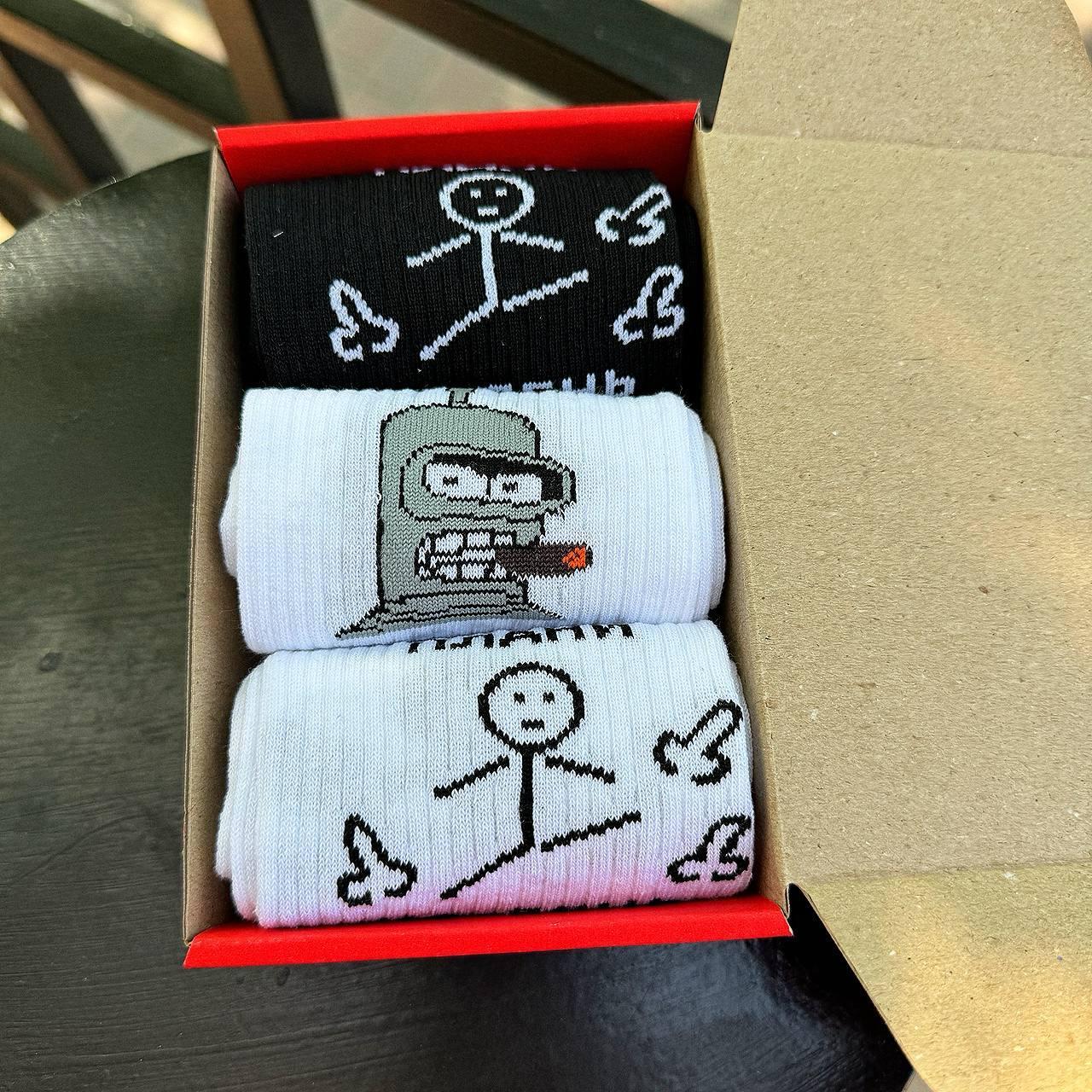Бокс шкарпеток чоловічих високих демісезонних із прикольним креативним принтом 40-45 3 пари в подарунковій Br BAR, фото 1