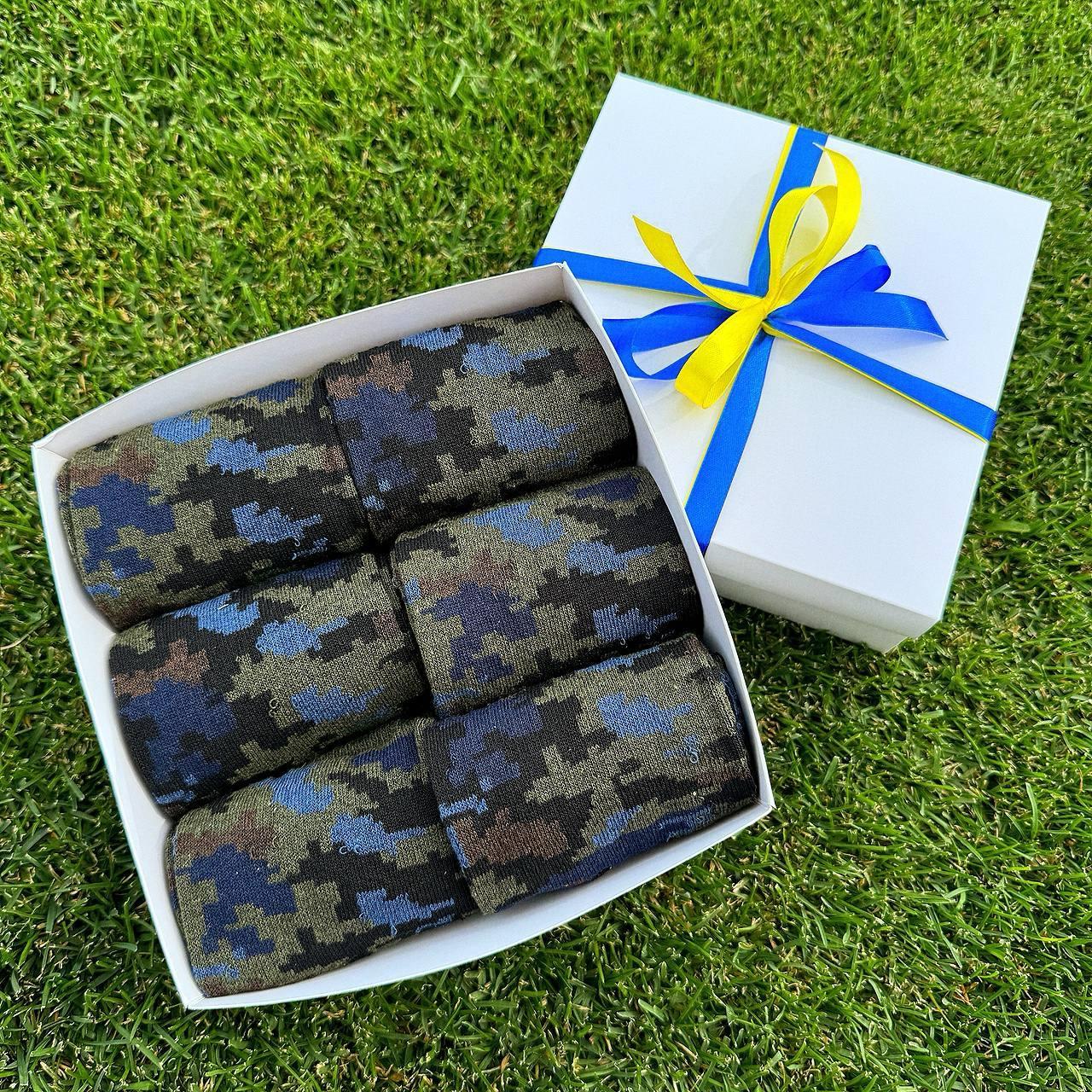 Подарунковий бокс шкарпеток чоловічих 40-45 р на 6 пар високі демісезонні з камуфляжним принтом трикотажні Br BAR, фото 1