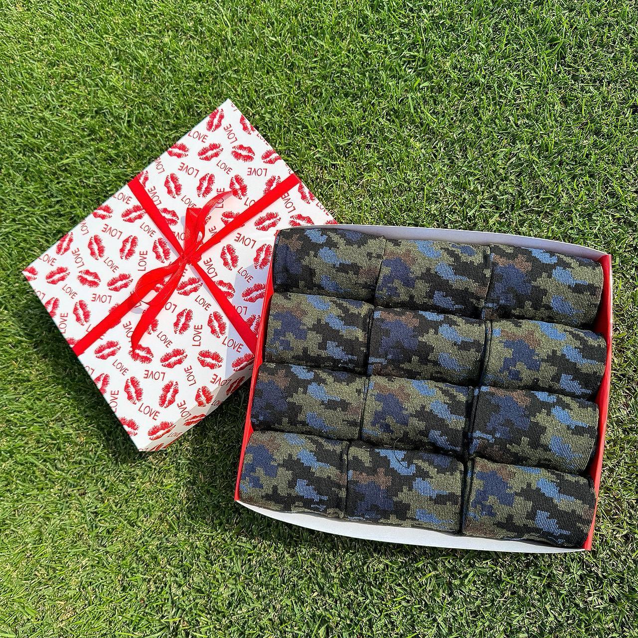 Подарунковий бокс чоловічих шкарпеток 40-45 на 12 пар високі бавовняні демісезонні з камуфляжним принтом Br BAR, фото 1