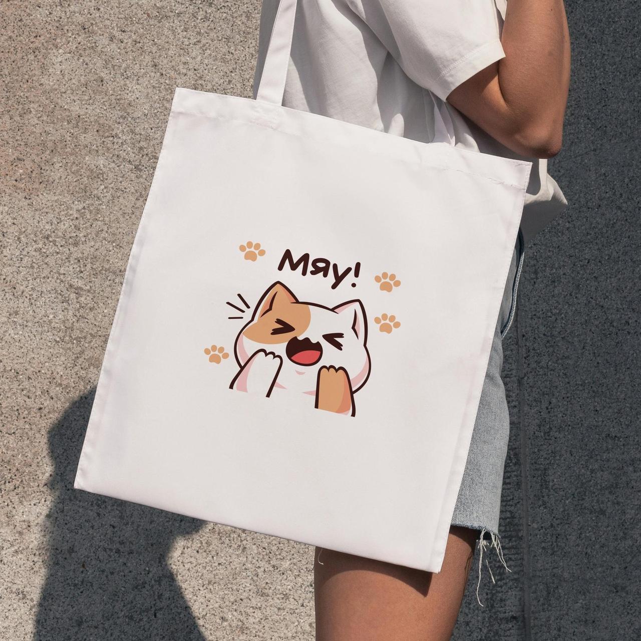 Тканинна сумка жіноча шоппер з оригінальним принтом "Мяу" з поліестеру водонепроникна якісна Br BAR, фото 1