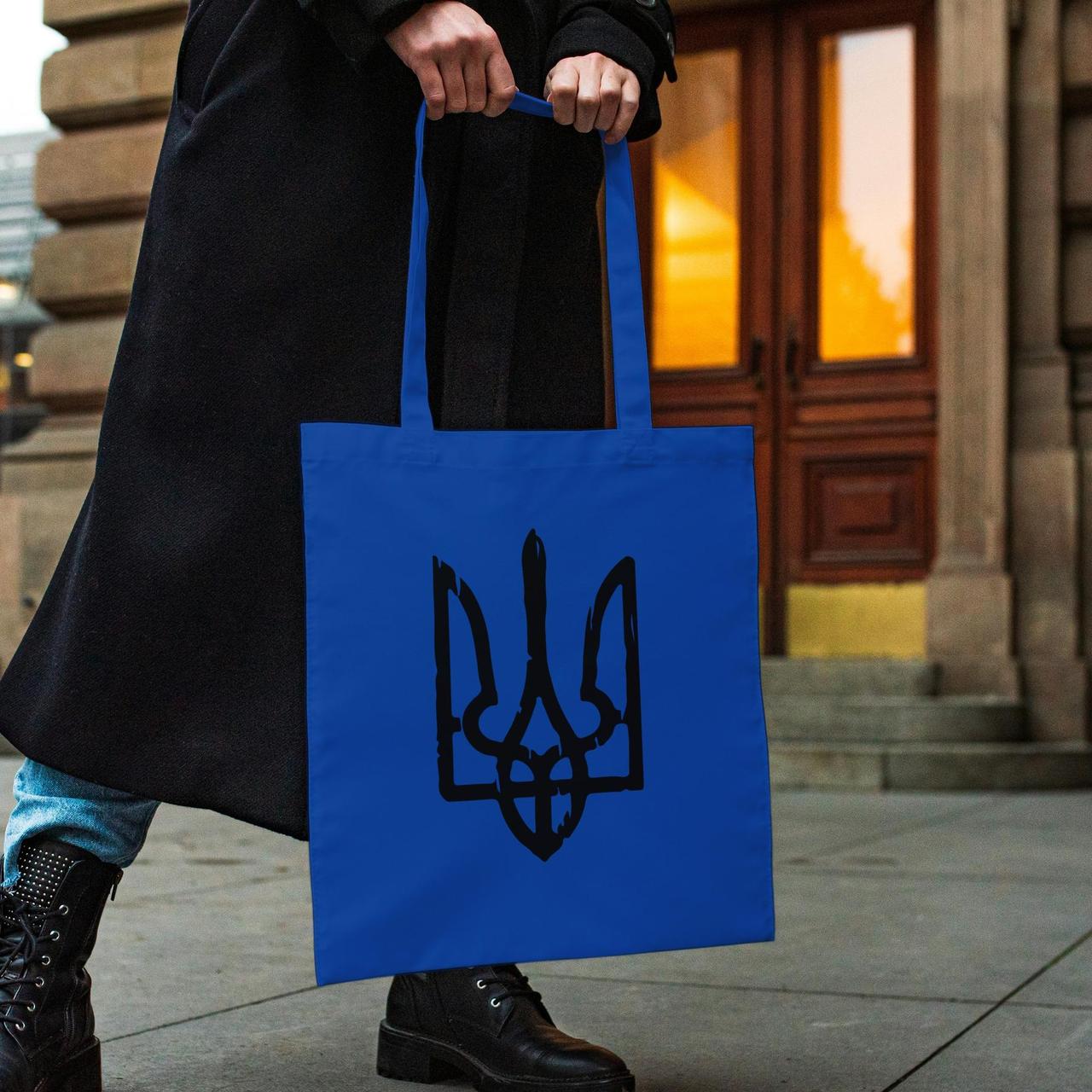 Оригінальна сумка жіноча шоппер з патріотичним принтом "Герб України" синя бавовняна компактна Br BAR, фото 1