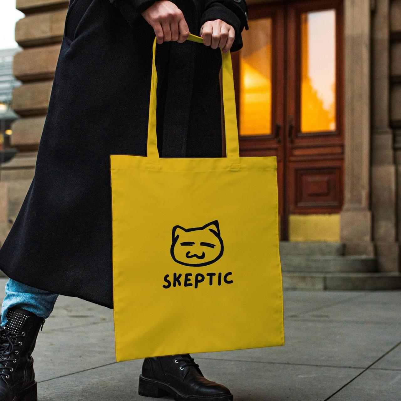 Міцна сумка жіноча шоппер з оригінальним принтом "Skeptic" жовта з поліестеру оригінальна компактна Br BAR, фото 1