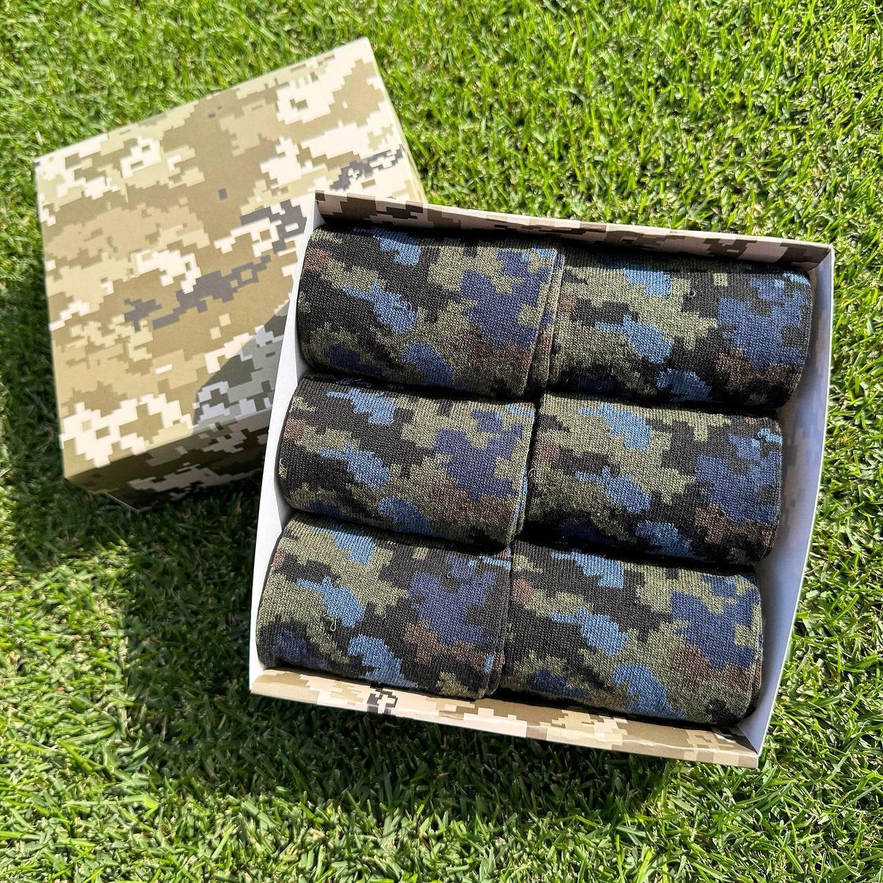 Подарунковий набір чоловічих шкарпеток 40-45 р на 6 пар довгі демісезонні з камуфляжним принтом в коробці Br BAR, фото 1