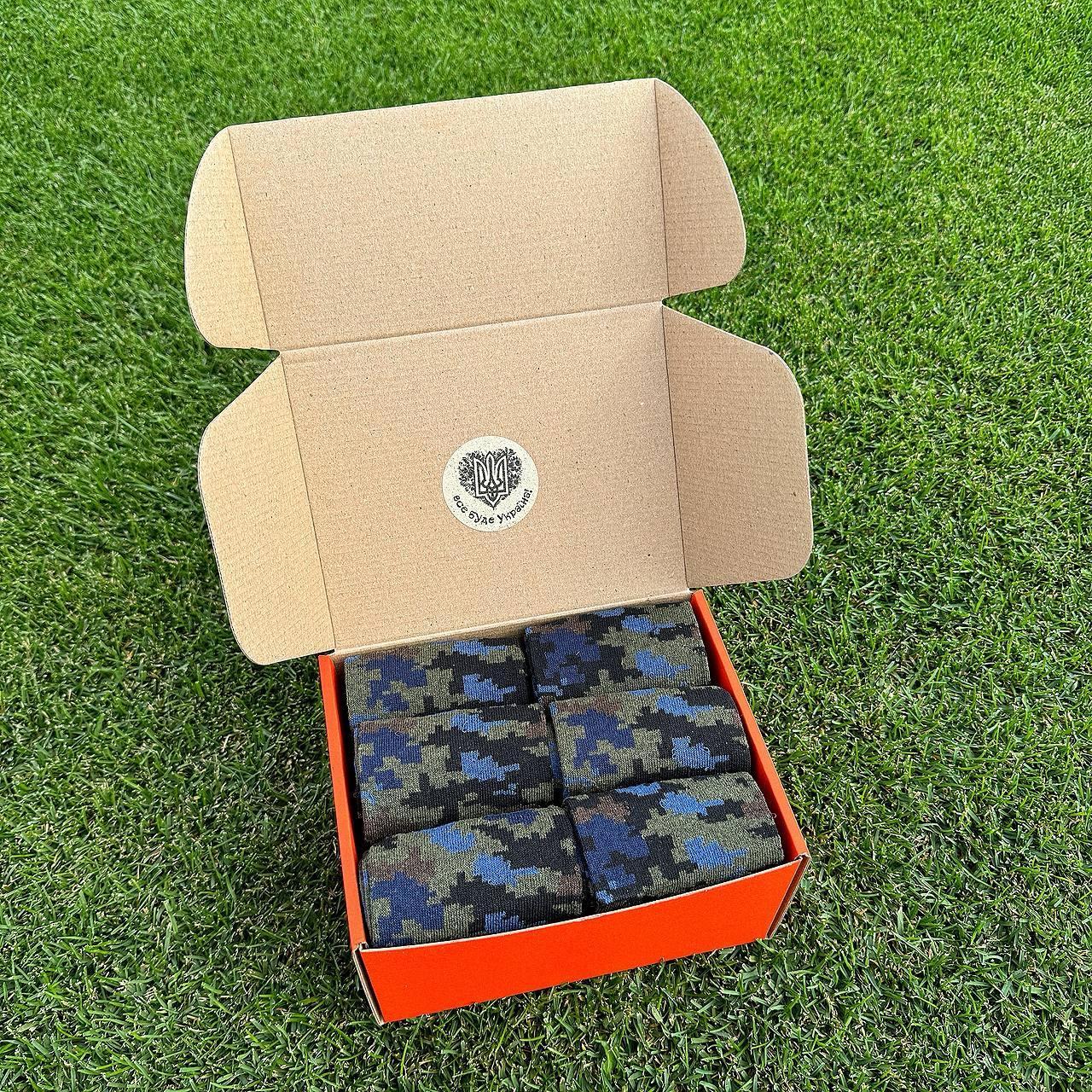 Подарунковий набір чоловічих шкарпеток 40-45 на 12 пар довгі бавовняні повсякденні з камуфляжним принтом Br BAR, фото 1