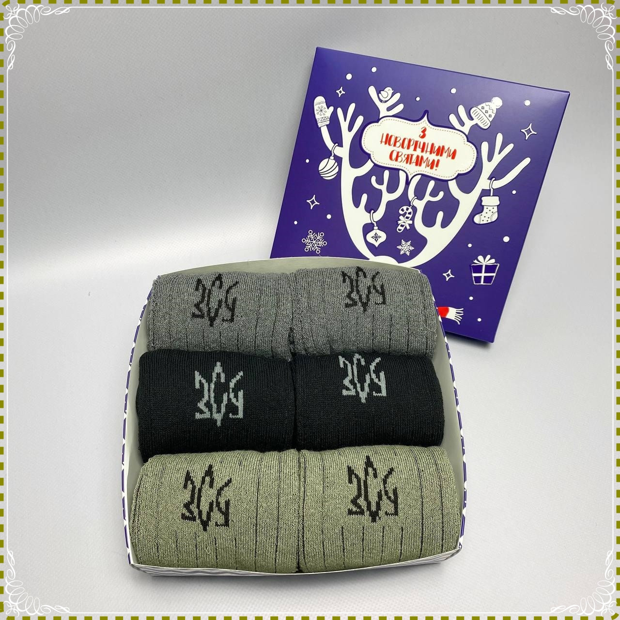 Новорічний бокс чоловічих теплих зимових бавовняних шкарпеток 6 шт 41-45 у святковій коробці Br BAR, фото 1