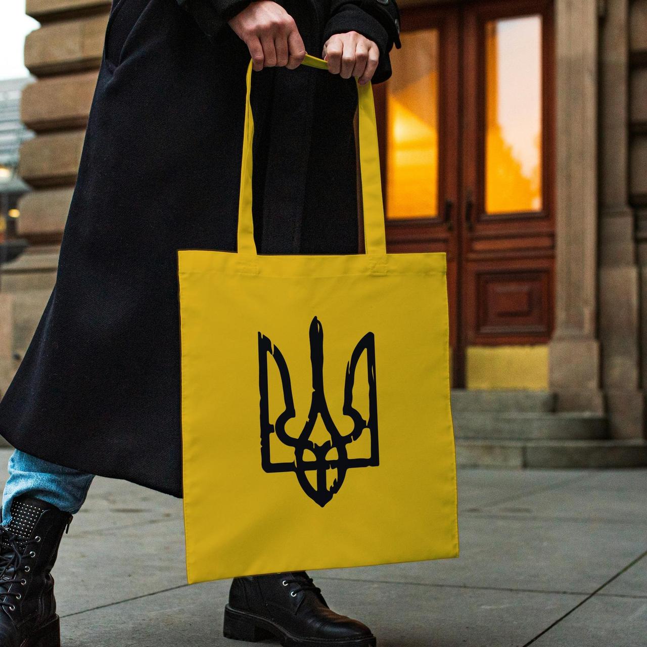 Тканинна сумка жіноча шоппер з патріотичним принтом "Герб України" жовта з поліестеру компактна Br BAR, фото 1