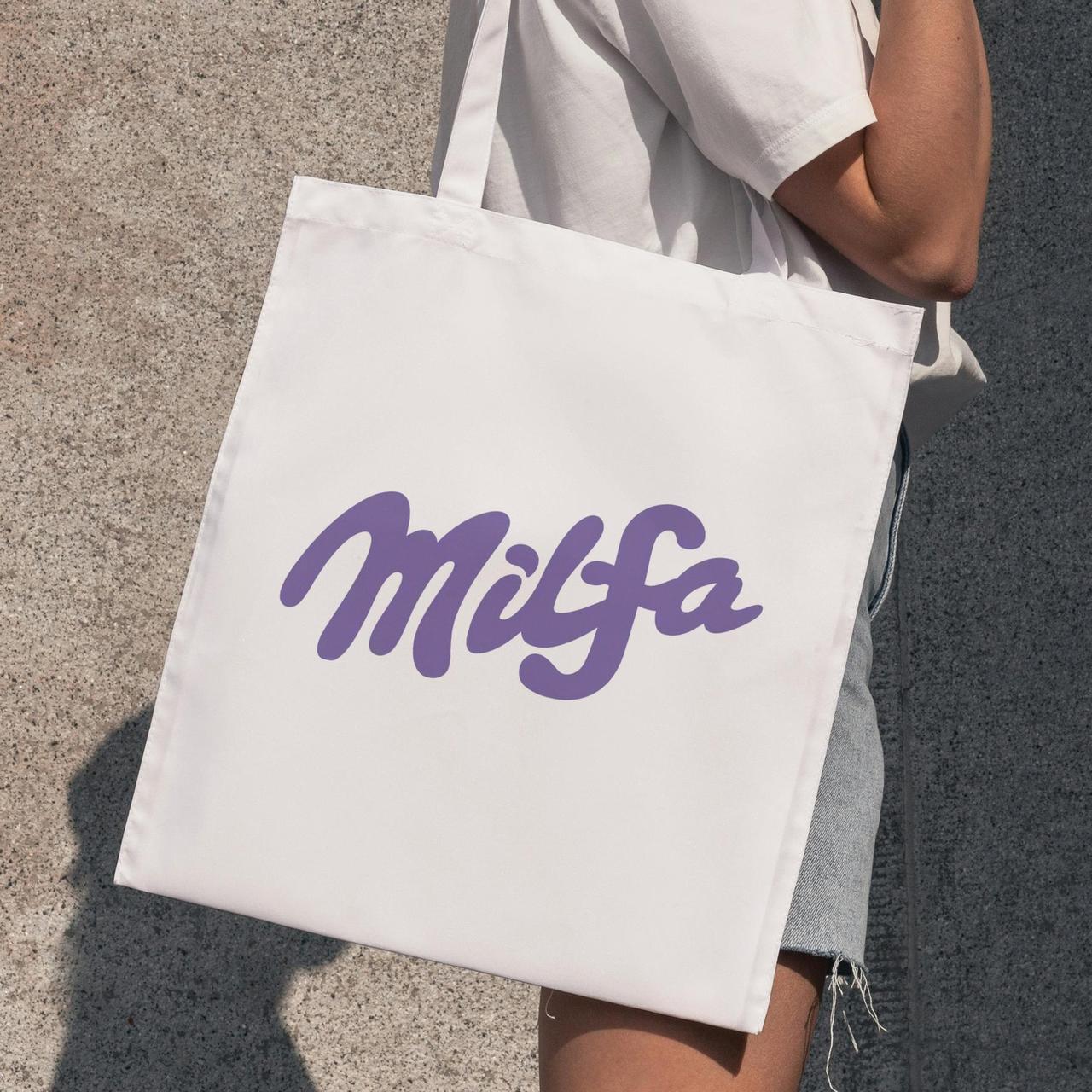 Прикольна сумка жіноча шоппер з написом "Milfa" біла бавовняна водонепроникна тканинна і міцна Br BAR, фото 1