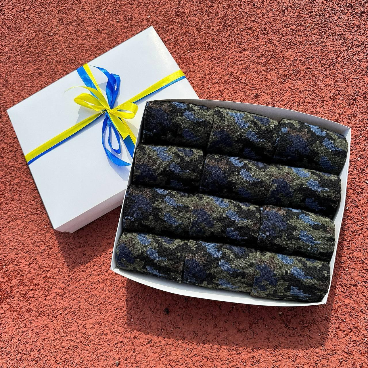 Подарунковий бокс чоловічих шкарпеток 40-45 на 12 пар довгі трикотажні демісезонні з камуфляжним принтом Br BAR, фото 1