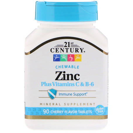 Цинк в жувальних таблетках, Zinc Chewable, 21st Century, вишня, 90 таб., фото 1
