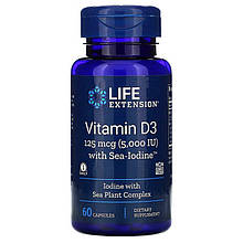 Вітамін D3, Vitamin D3, Life Extension, з йодом, 5000 МО (125 мкг), 60 капсул