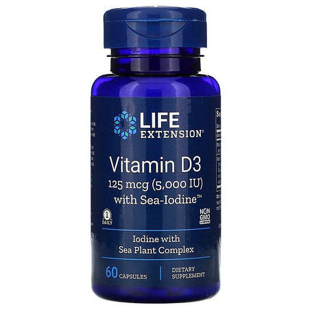 Вітамін D3, Vitamin D3, Life Extension, з йодом, 5000 МО (125 мкг), 60 капсул, фото 1