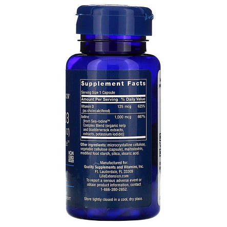 Вітамін D3, Vitamin D3, Life Extension, з йодом, 5000 МО (125 мкг), 60 капсул, фото 3