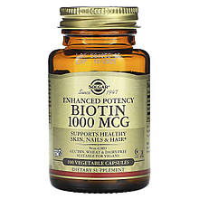 Біотин, Biotin, Solgar, 1000 мкг, повышенной эффективности, 100 вегетарианских капсул