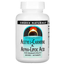 Ацетил карнітин + альфа-ліпоєва кислота, Acetyl L-Carnitine & Alpha Lipoic Acid, Source Naturals, 650 мг, 60 таблеток