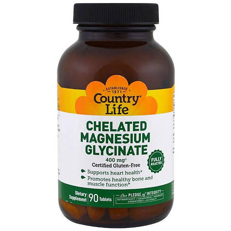 Магній гліцинат, Chelated Magnesium Glycinate, Country Life, 400 мг, 90 таблеток, фото 1