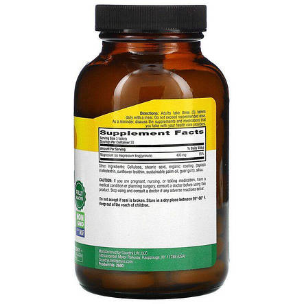 Магній гліцинат, Chelated Magnesium Glycinate, Country Life, 400 мг, 90 таблеток, фото 3