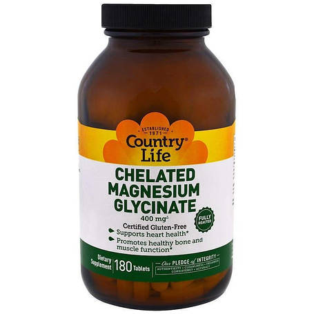 Магній гліцинат, Chelated Magnesium Glycinate, Country Life, 400 мг, 180 таблеток, фото 1