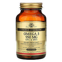 Омега-3, риб'ячий жир, Omega-3, EPA & DHA, Solgar, потрійна сила, 950 мг, 50 гелевих капсул