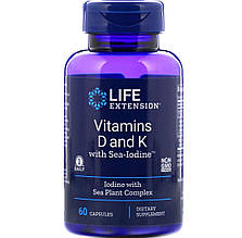 Вітамін D і К з йодом, Vitamins D and K with Sea-Iodine, Life Extension, 60 капсул