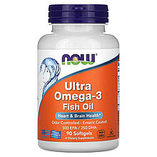 Супер омега 3, Ultra Omega-3, Now Foods, 500 EPA / 250 DHA, 90 капсул з кишковорозчинною оболонкою