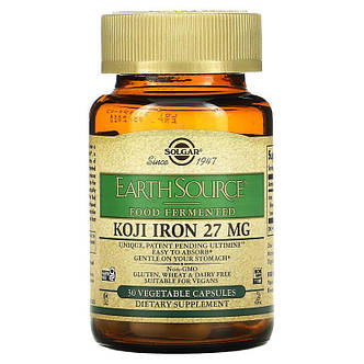 Залізо, Koji Iron, Solgar, 27 мг, ферментоване, 30 рослинних капсул, фото 1