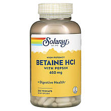 Бетаїн HCl + пепсин, HCL with Pepsin, Solaray, високоефективний, 650 мг, 250 вегетаріанських капсул