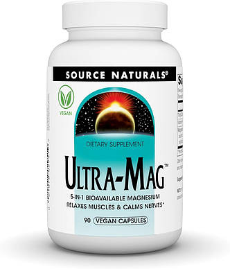 Магній ультра, Ultra-Mag, Source Naturals, 5-в-1, розслаблює м'язи та заспокоює нерви, 90 веганських капсул, фото 1