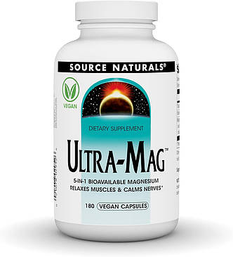 Магній ультра, Ultra-Mag, Source Naturals, 5-в-1, розслаблює м'язи та заспокоює нерви, 180 веганських капсул, фото 1