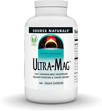 Магній ультра, Ultra-Mag, Source Naturals, 5-в-1, розслаблює м'язи та заспокоює нерви, 360 веганських капсул, фото 1