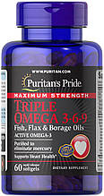 Омега 3-6-9, Omega 3-6-9 Fish, Puritan's Pride, масло льону і бораго, 60 капсул