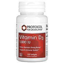 Вітамін D3, Vitamin D3, Protocol for Life Balance, 1000 МО, 120 гелевих капсул