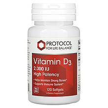 Вітамін D3, Vitamin D3, Protocol for Life Balance, висока ефективність, 2000 МО, 120 гелевих капсул