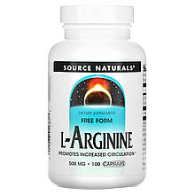 Аргінін, L-Arginine, Source Naturals, вільна форма, 500 мг, 100 капсул.