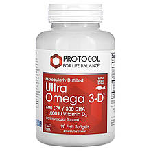 Омега-3 Ультра з вітаміном D3, Ultra Omega 3-D, Protocol for Life Balance, молекулярно-дистильована, 600 ЕПК/300 ДГК, з лимонною