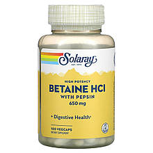 Бетаїн HCl + пепсин, Betaine HCL with Pepsin, Solaray, високоефективний, 650 мг, 100 вегетаріанських капсул