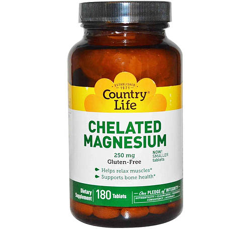 Магній хелат, Chelated Magnesium, Country Life, 250 мг, 180 таблеток, фото 1