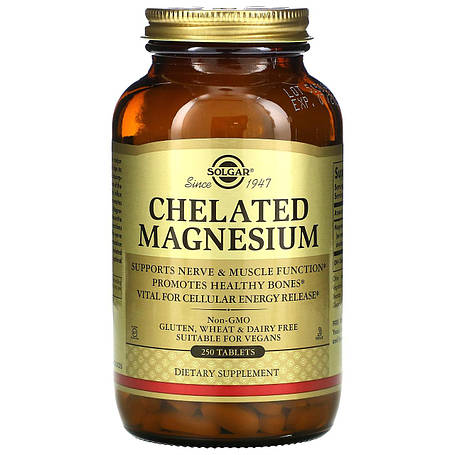 Магній хелат, Chelated Magnesium, Solgar, 250 таблеток, фото 1