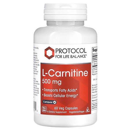 L-карнітин, L-Carnitine, Protocol for Life Balance, 500 мг, 60 вегетаріанських капсул, фото 1