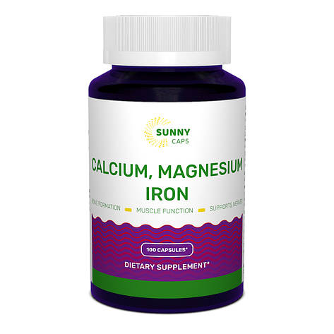 Кальцій, магній, залізо, Calcium, Magnesium and Iron Powerfull, Sunny Caps, 100 капсул, фото 1